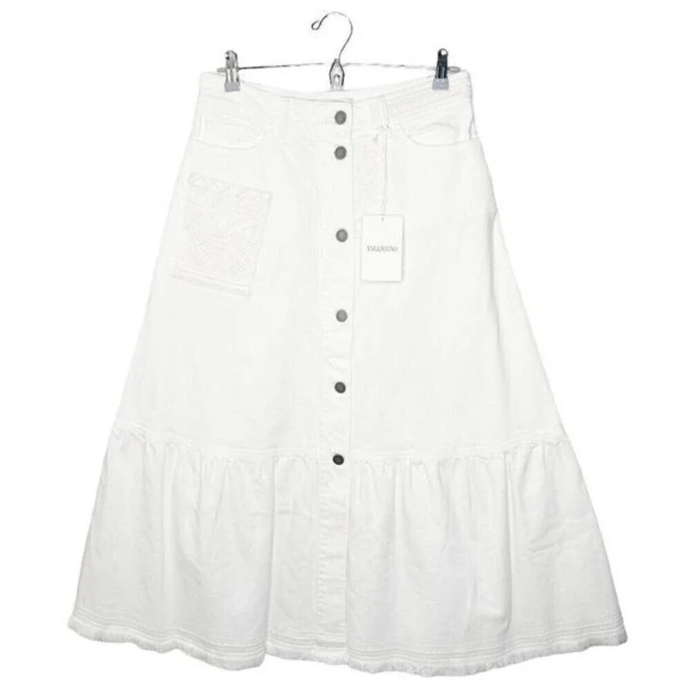 VALENTINO Button Front Denim Ricamato Skirt - Picture 1 of 14